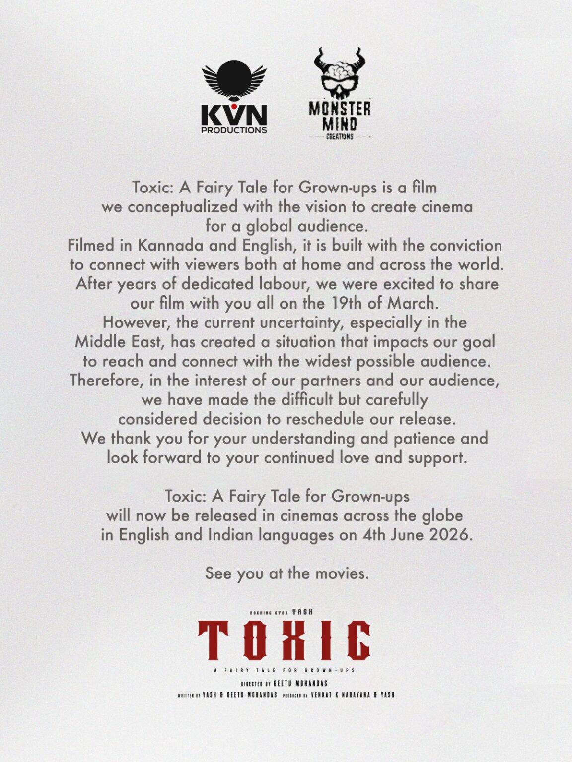 *Owing to Rising Tension in the Middle East, release of Rocking Star Yash’s Toxic: A Fairy Tale for Grown-ups rescheduled to 4th June, 2026*