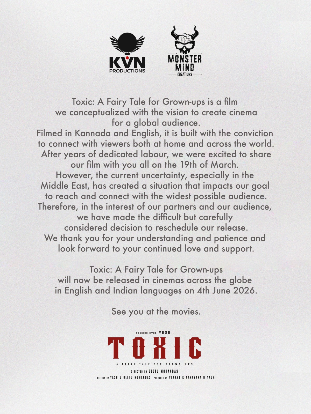 You are currently viewing *Owing to Rising Tension in the Middle East, release of Rocking Star Yash’s Toxic: A Fairy Tale for Grown-ups rescheduled to 4th June, 2026*