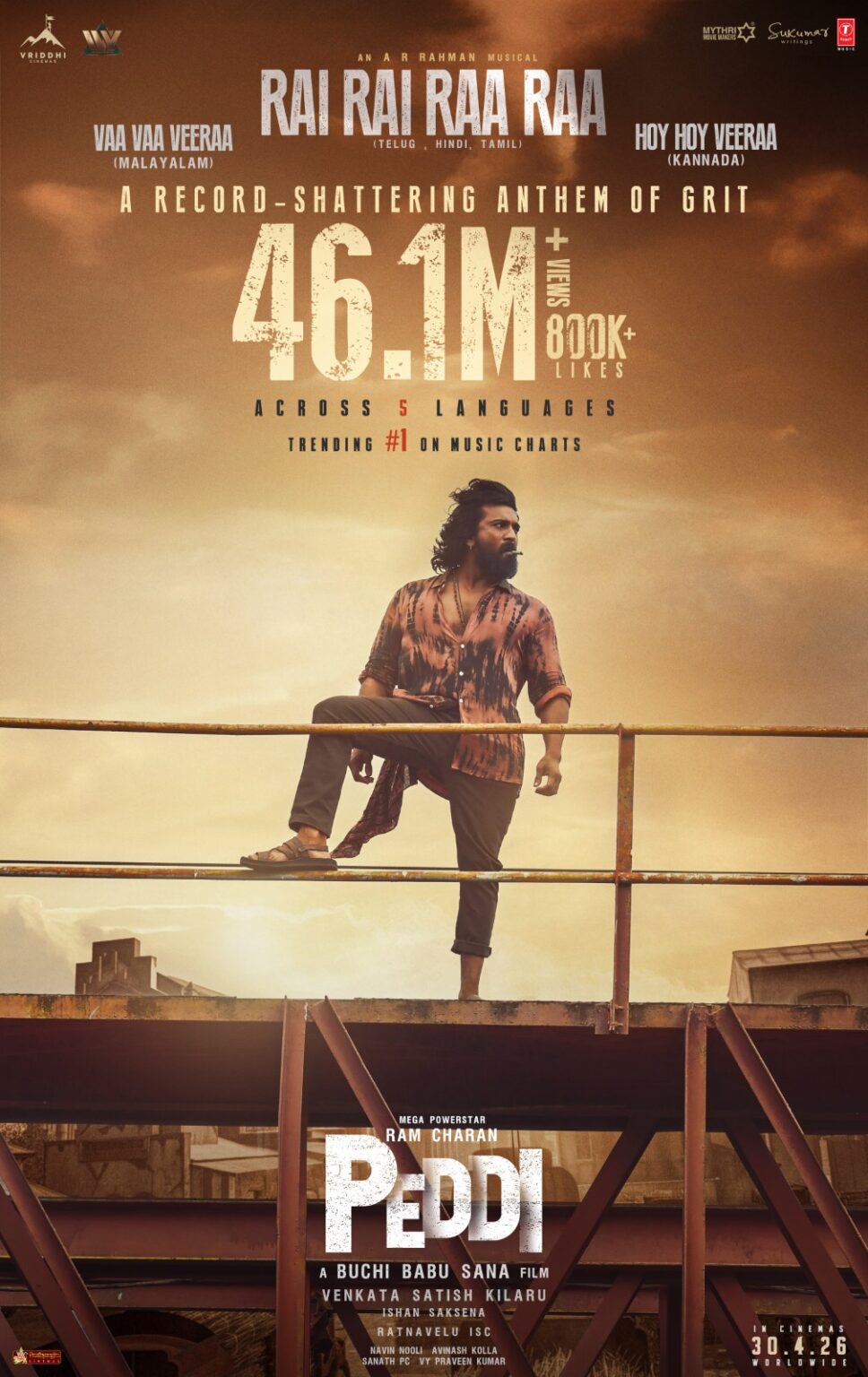 *Mega Power Star Ram Charan’s Peddi Introduction Song Rai Rai Raa Raa Turns Volcanic, Shatters All-Time South India Record With 46.1 M+ Views, Trending No 1*